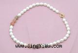 CFN337 9 - 10mm rice white freshwater pearl & rainbow moonstone necklace wholesale