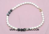 CFN339 9 - 10mm rice white freshwater pearl & snowflake obsidian necklace wholesale