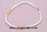 CFN342 9 - 10mm rice white freshwater pearl & honey jade necklace wholesale