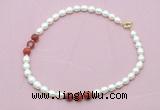 CFN344 9 - 10mm rice white freshwater pearl & red banded agate necklace wholesale