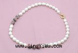 CFN345 9 - 10mm rice white freshwater pearl & rhodonite necklace wholesale