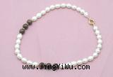CFN346 9 - 10mm rice white freshwater pearl & bronzite necklace wholesale