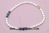CFN351 9 - 10mm rice white freshwater pearl & dumortierite necklace wholesale