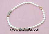 CFN357 9 - 10mm rice white freshwater pearl & serpentine jasper necklace wholesale