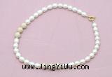 CFN359 9 - 10mm rice white freshwater pearl & white fossil jasper necklace wholesale