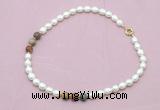 CFN360 9 - 10mm rice white freshwater pearl & picasso jasper necklace wholesale