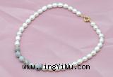 CFN404 9-10mm rice white freshwater pearl & grey banded agate necklace