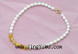 CFN405 9-10mm rice white freshwater pearl & yellow banded agate necklace