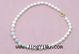 CFN415 9 - 10mm rice white freshwater pearl & morganite necklace
