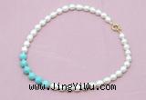 CFN422 9 - 10mm rice white freshwater pearl & blue howlite necklace wholesale