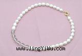 CFN431 9 - 10mm rice white freshwater pearl & white crystal necklace