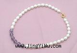 CFN432 9 - 10mm rice white freshwater pearl & amethyst gemstone necklace