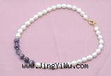 CFN433 9 - 10mm rice white freshwater pearl & dogtooth amethyst necklace
