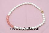 CFN434 9 - 10mm rice white freshwater pearl & cherry quartz necklace