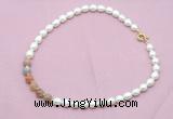 CFN437 9 - 10mm rice white freshwater pearl & rainbow moonstone necklace