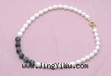 CFN439 9 - 10mm rice white freshwater pearl & snowflake obsidian necklace