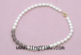 CFN443 9 - 10mm rice white freshwater pearl & grey agate gemstone necklace