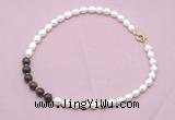 CFN446 9 - 10mm rice white freshwater pearl & bronzite gemstone necklace