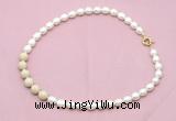 CFN459 9 - 10mm rice white freshwater pearl & white fossil jasper necklace