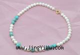 CFN509 Potato white freshwater pearl & blue sea sediment jasper necklace, 16 - 24 inches