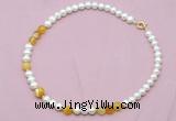 CFN522 9mm - 10mm potato white freshwater pearl & yellow banded agate necklace