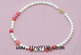 CFN523 9mm - 10mm potato white freshwater pearl & red banded agate necklace