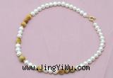 CFN526 9mm - 10mm potato white freshwater pearl & golden tiger eye necklace