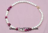CFN527 9mm - 10mm potato white freshwater pearl & red tiger eye necklace