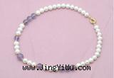 CFN532 9mm - 10mm potato white freshwater pearl & amethyst gemstone necklace