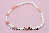 CFN534 9mm - 10mm potato white freshwater pearl & cherry quartz necklace