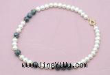 CFN539 9mm - 10mm potato white freshwater pearl & snowflake obsidian necklace