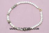 CFN552 9mm - 10mm potato white freshwater pearl & feldspar necklace