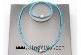 CFN617 4mm faceted round turquoise & potato white freshwater pearl jewelry set