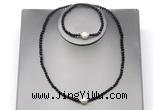 CFN625 4mm faceted round black tourmaline & potato white freshwater pearl jewelry set