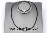 CFN627 4mm faceted round black spinel & potato white freshwater pearl jewelry set