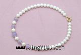 CFN705 9mm - 10mm potato white freshwater pearl & lavender amethyst necklace