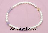 CFN706 9mm - 10mm potato white freshwater pearl & lavender amethyst necklace
