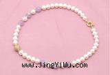 CFN709 9mm - 10mm potato white freshwater pearl & lavender amethyst necklace