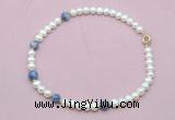 CFN742 9mm - 10mm potato white freshwater pearl & blue spot stone necklace
