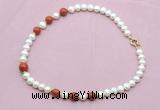 CFN755 9mm - 10mm potato white freshwater pearl & red jasper necklace
