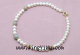 CFN761 9mm - 10mm potato white freshwater pearl & serpentine jasper necklace
