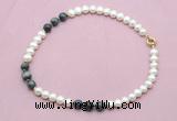 CFN763 9mm - 10mm potato white freshwater pearl & eagle eye jasper necklace