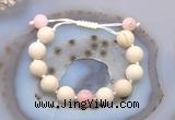 CGB6721 12mm round white fossil jasper & pink opal adjustable bracelets
