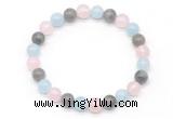 CGB8006 8mm aquamarine, labradorite & rose quartz beaded stretchy bracelets