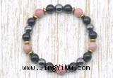 CGB8371 8mm pink wooden jasper, black onyx & hematite energy bracelet