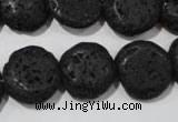 CLV498 15.5 inches 16mm flat round black lava beads wholesale