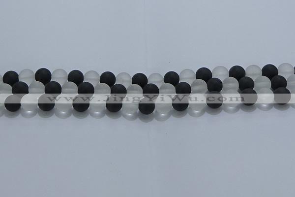 CNC112 15.5 inches 8mm round matte white crystal & black agate beads