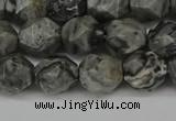 CNG6127 15.5 inches 8mm faceted nuggets grey picture jasper beads