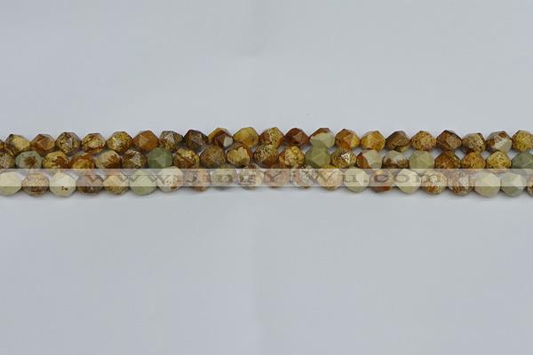 CNG7375 15.5 inches 6mm faceted nuggets picture jasper beads