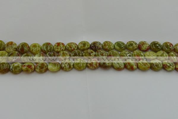 CNS622 15.5 inches 10mm flat round green dragon serpentine jasper beads